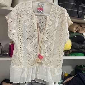 Johnny Was Cream Floral Embroidered Blouse